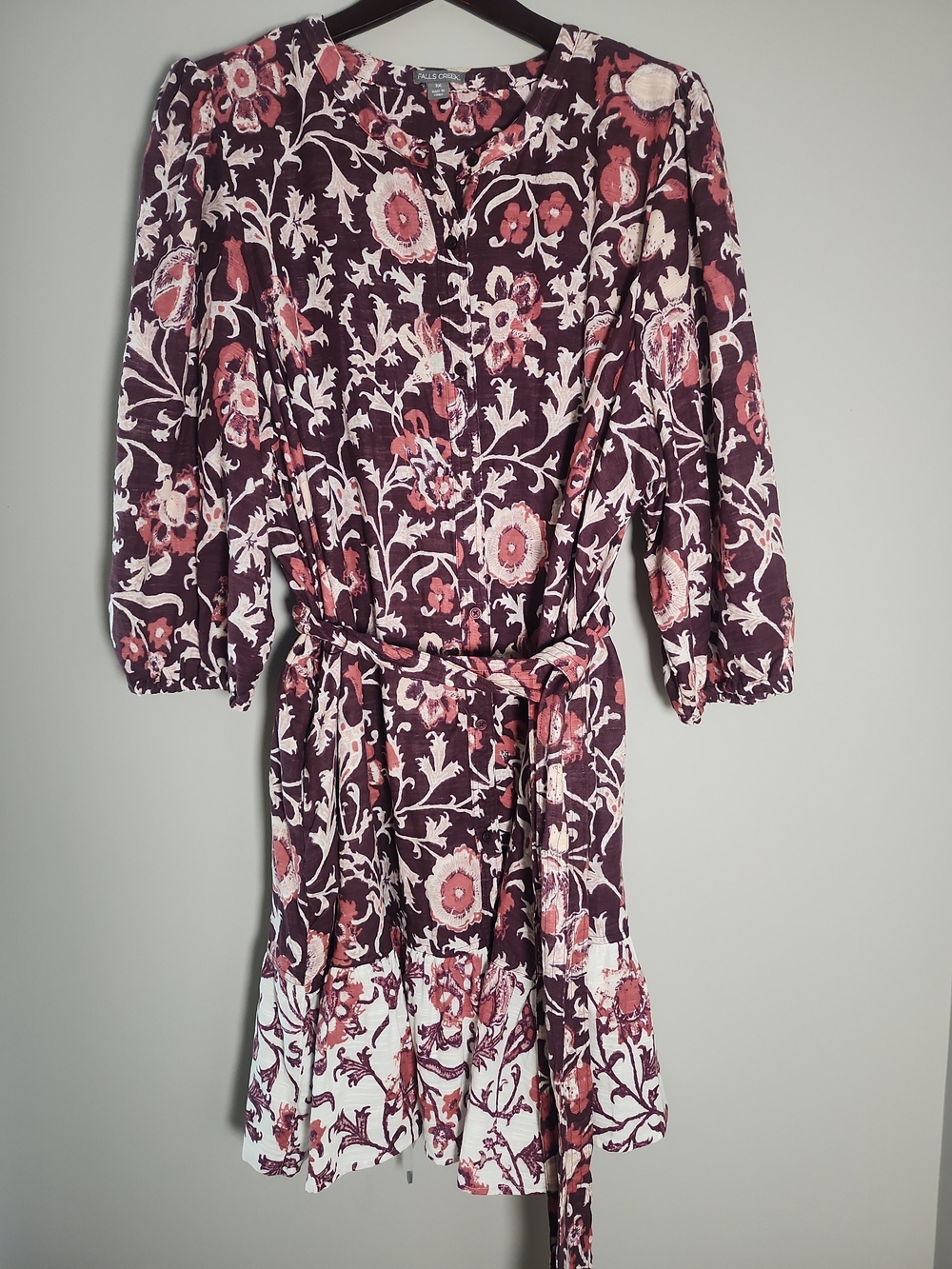 Falls Creek Women’s Floral Tie-Waist Dress in Burgundy and Pink Size 3X